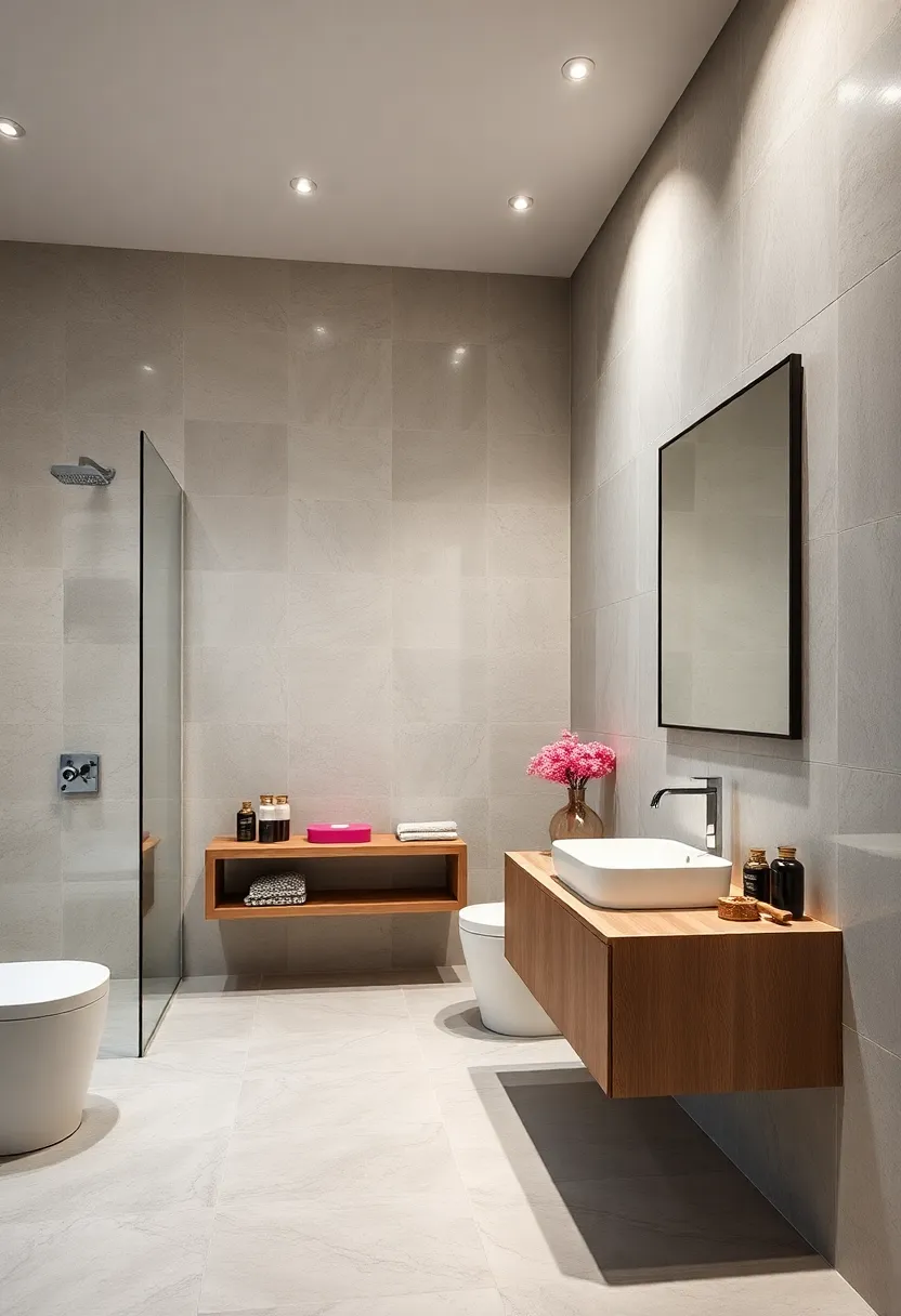 Frameless mirror installed flush with the wall tiles, achieving a flawless and uninterrupted minimalist ‌look
