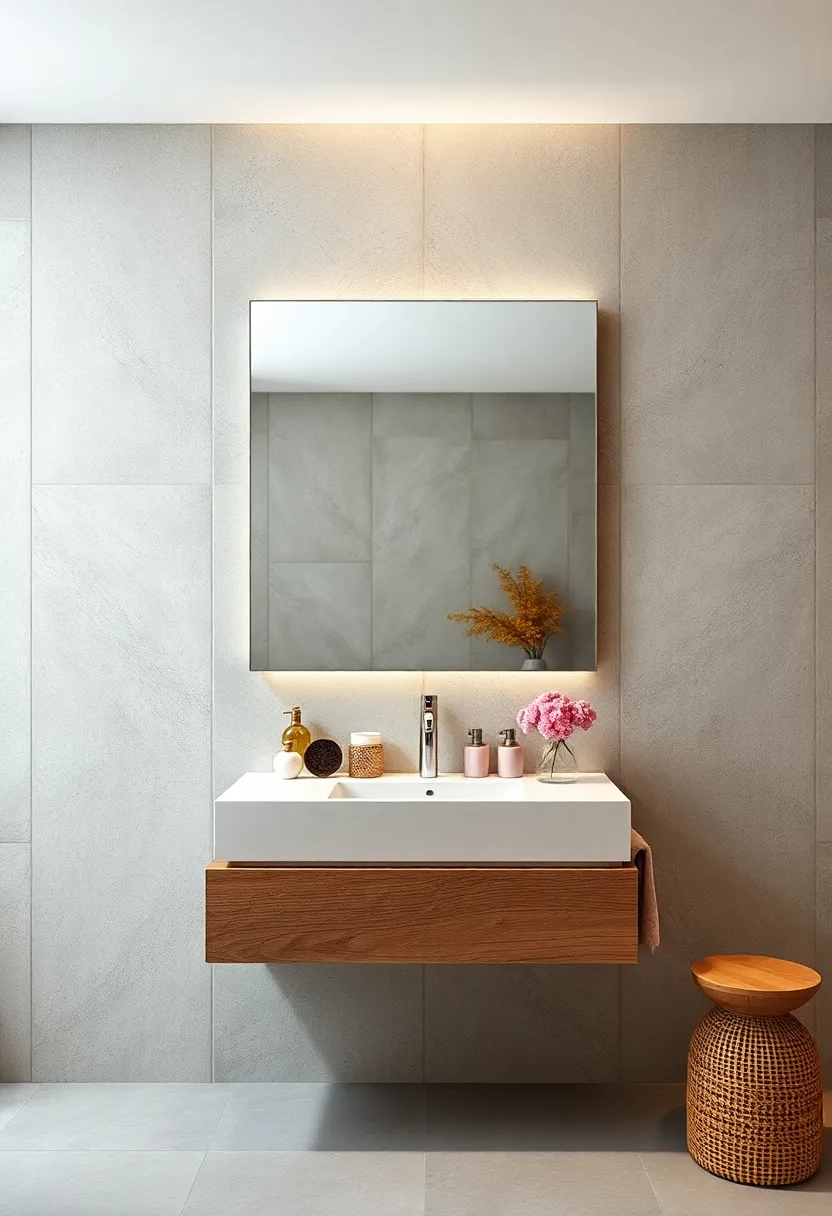 Frameless mirror placed above a wall-hung vanity, contributing to the clean, uncluttered lines of this bathroom