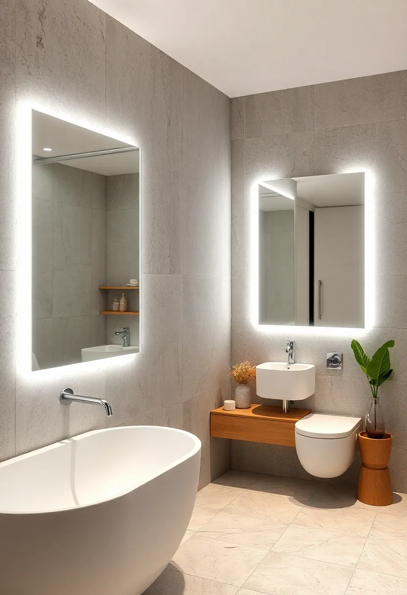 Frameless mirror framed by a linear LED⁢ strip light, adding depth and subtle drama to an⁢ or else⁤ simple space