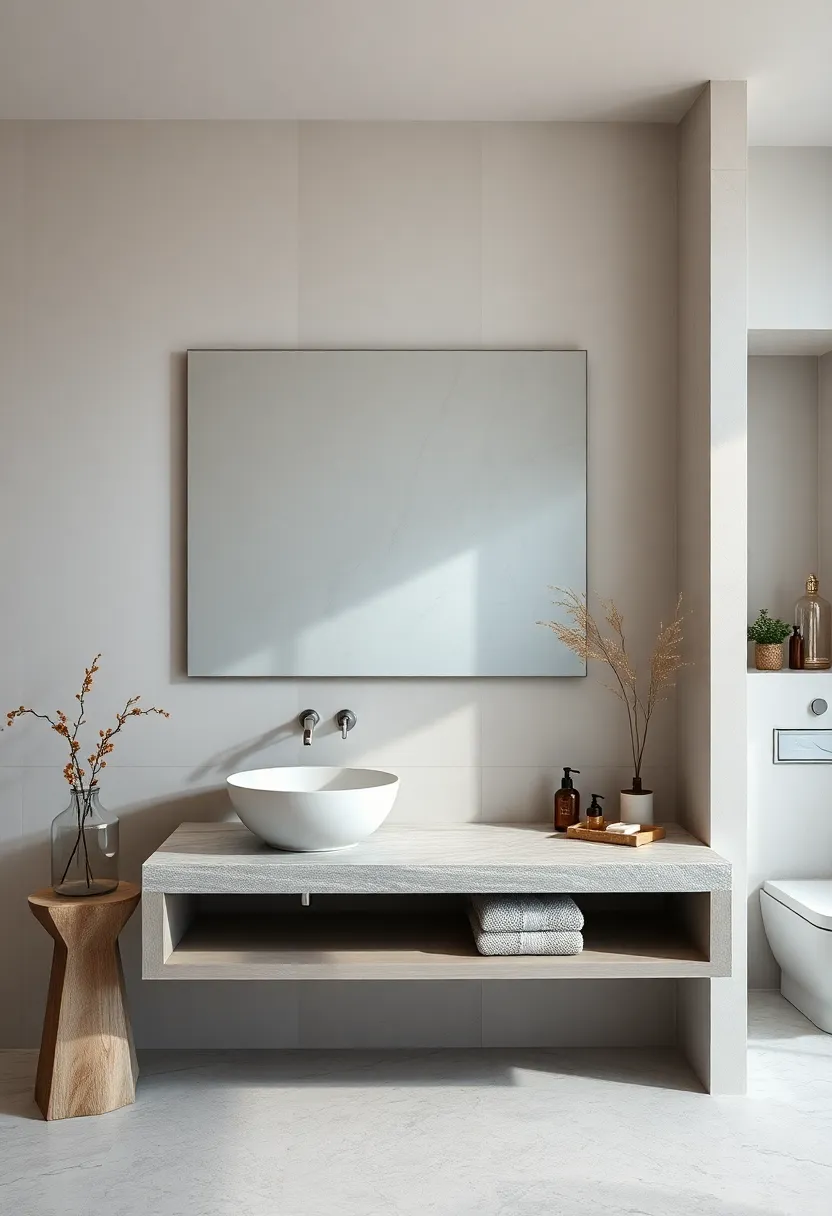 Frameless mirror above a minimalist stone countertop, reflecting clean ​lines‍ and natural textures for serene ambiance