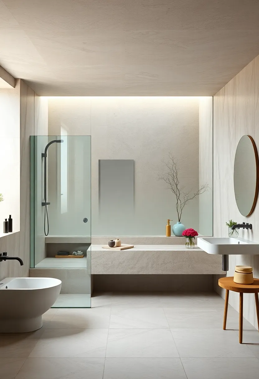 Frosted glass shower ⁣and frameless mirror blend effortlessly,⁤ creating a serene and sleek minimalist sanctuary