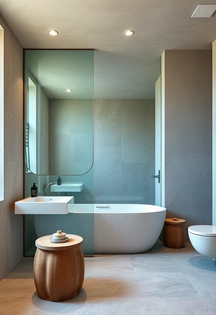 A glass shower and frameless mirror reflect one another, amplifying light and the open-plan feel of this bathroom