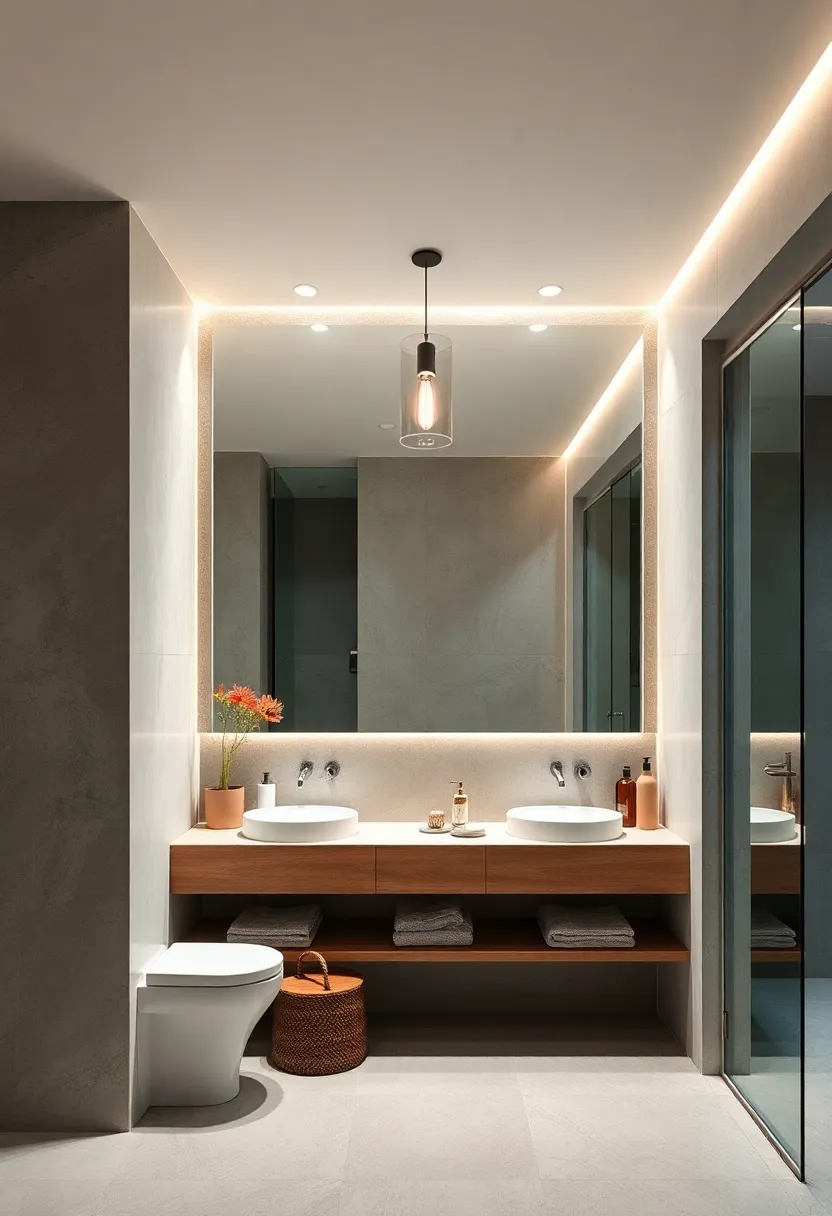 Large ‍frameless ‍mirror paired with a‍ single pendant light, emphasizing simplicity and function in modern bathroom design