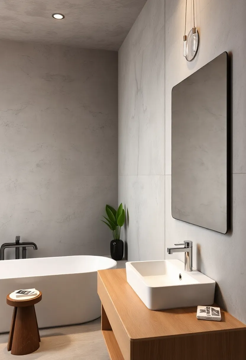 Minimalist industrial vibe achieved with concrete⁢ textures and a frameless ​mirror with thin black LED⁣ trim