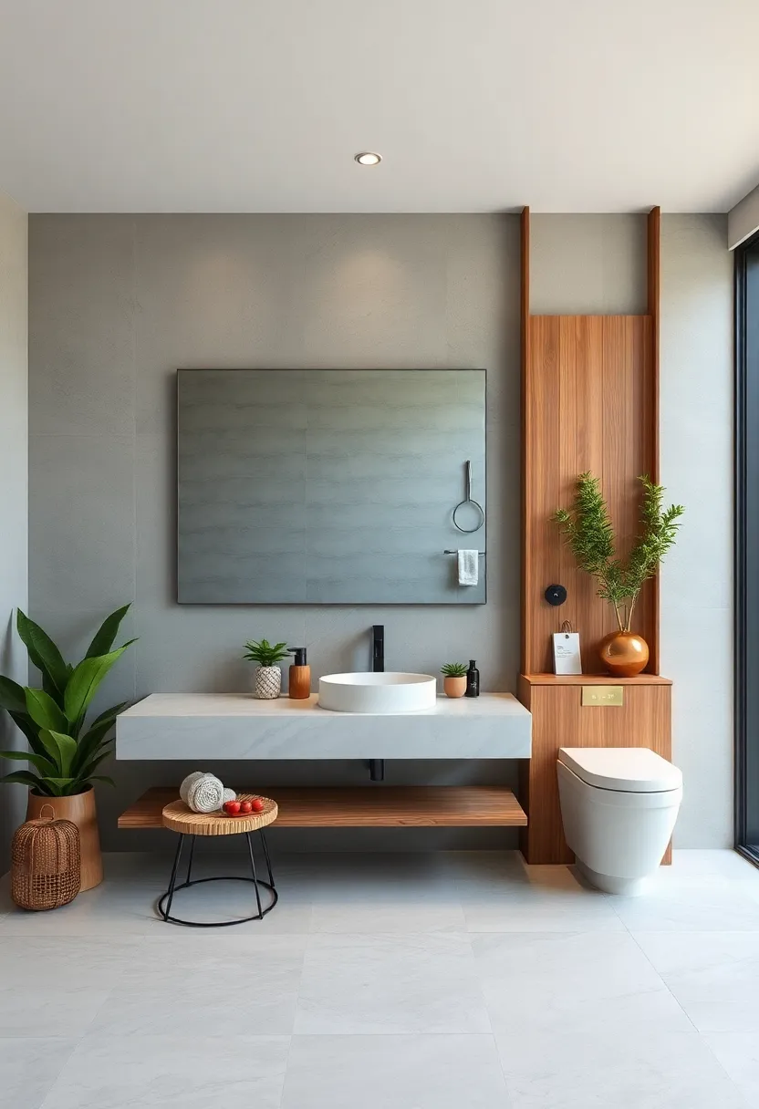 Natural wood accents and ⁤a frameless mirror come together to soften the sharp lines ⁢of a modern bathroom design