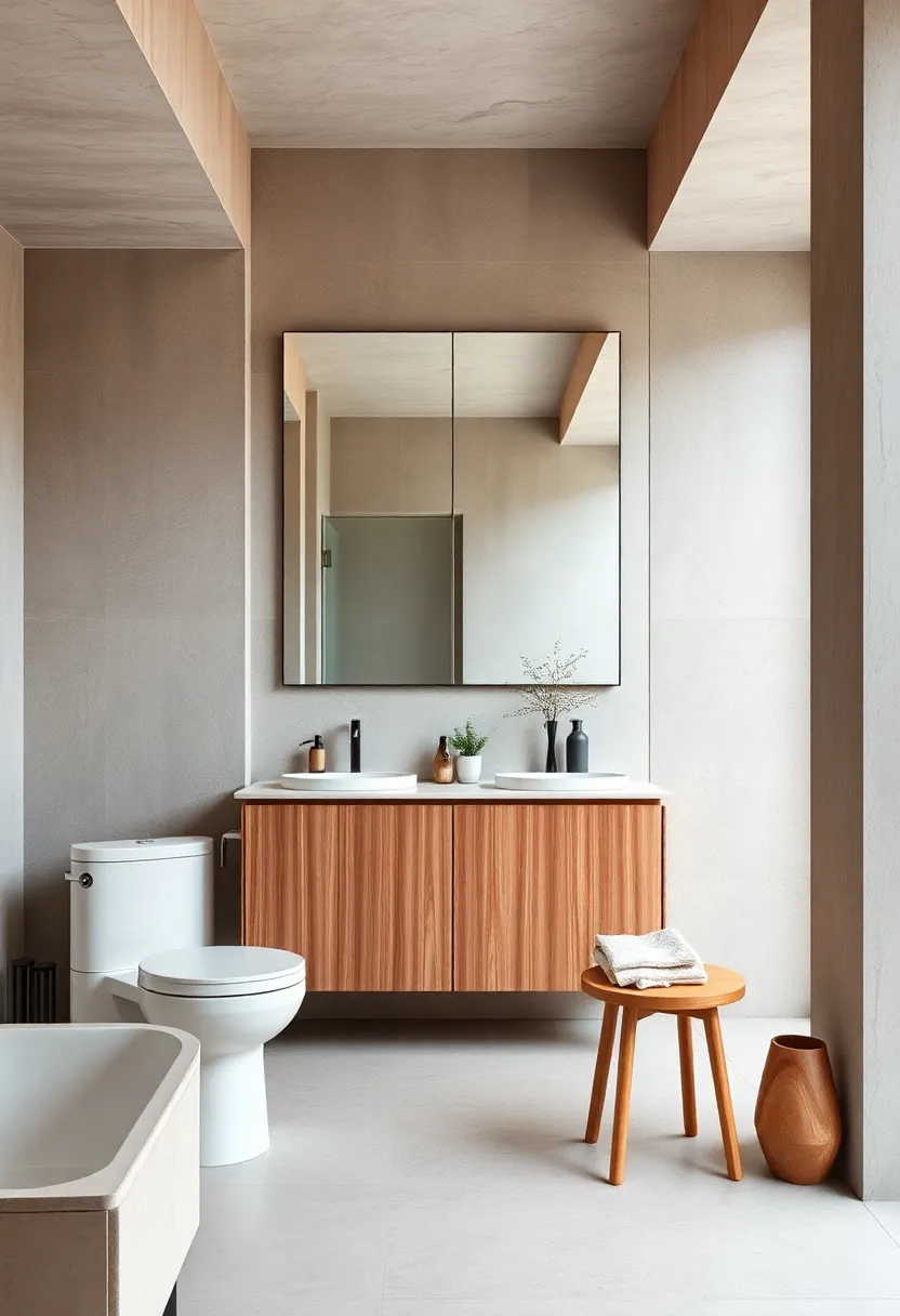 Subtle grainwood cabinetry ⁣and a frameless mirror create a⁣ warm, minimalist⁤ retreat with understated elegance