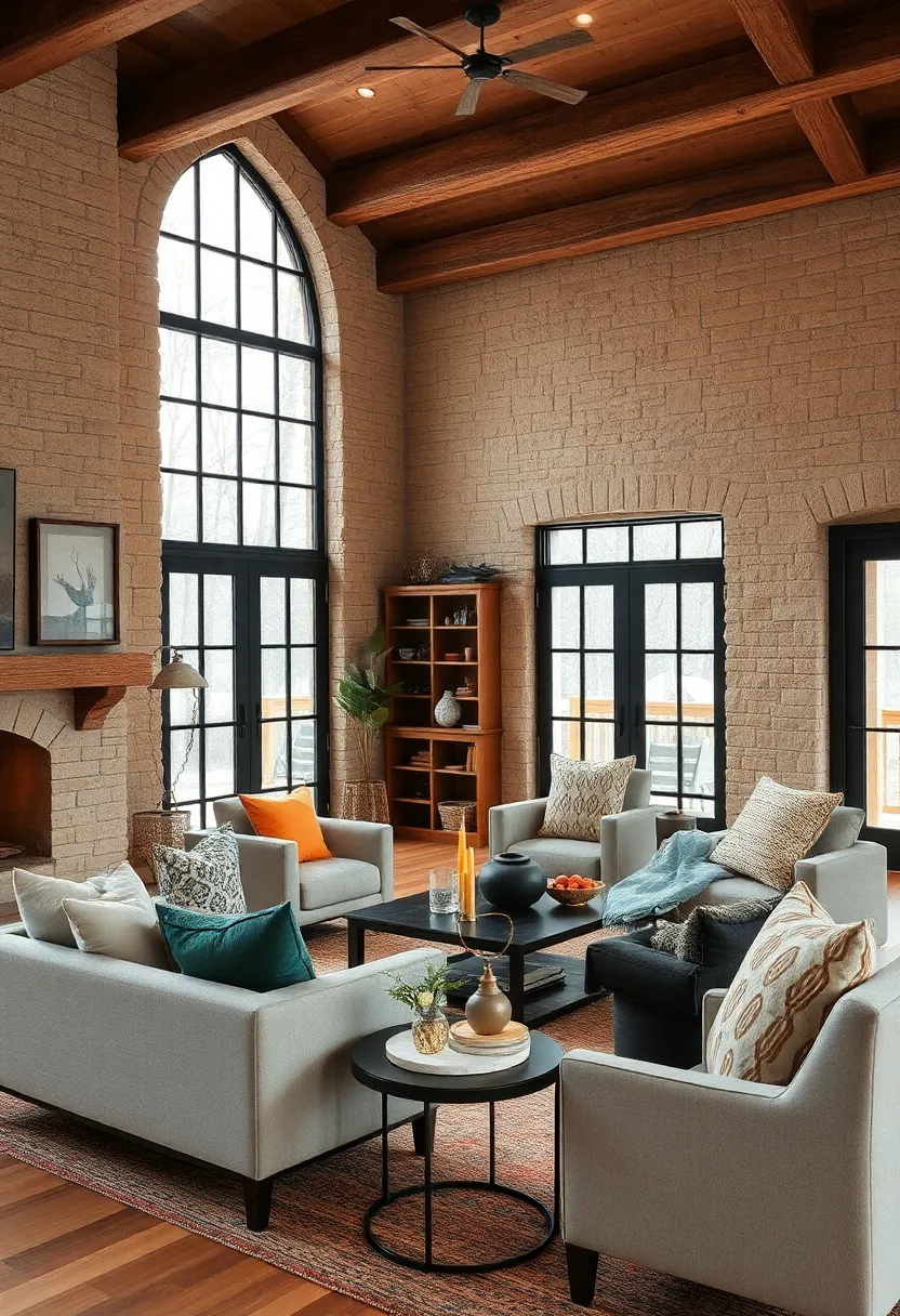 Integrate sleek black metal frames on windows and doors within a rustic cabin setting