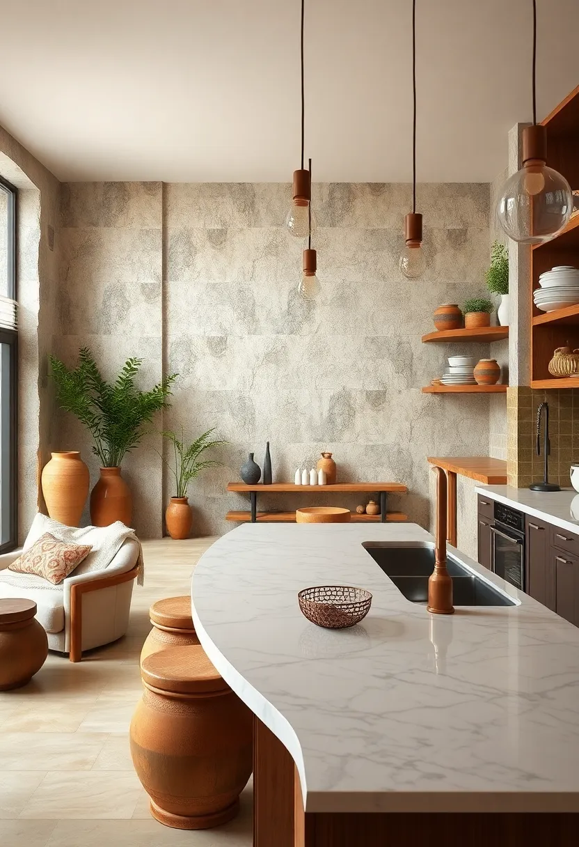 Blend handcrafted pottery with shiny marble countertops for an earthy yet refined look