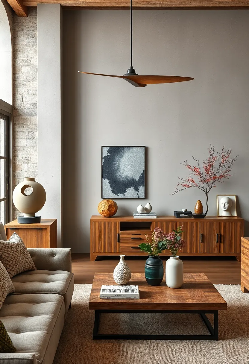 Display unique modern sculptures on weathered wooden consoles for‌ an artistic touch