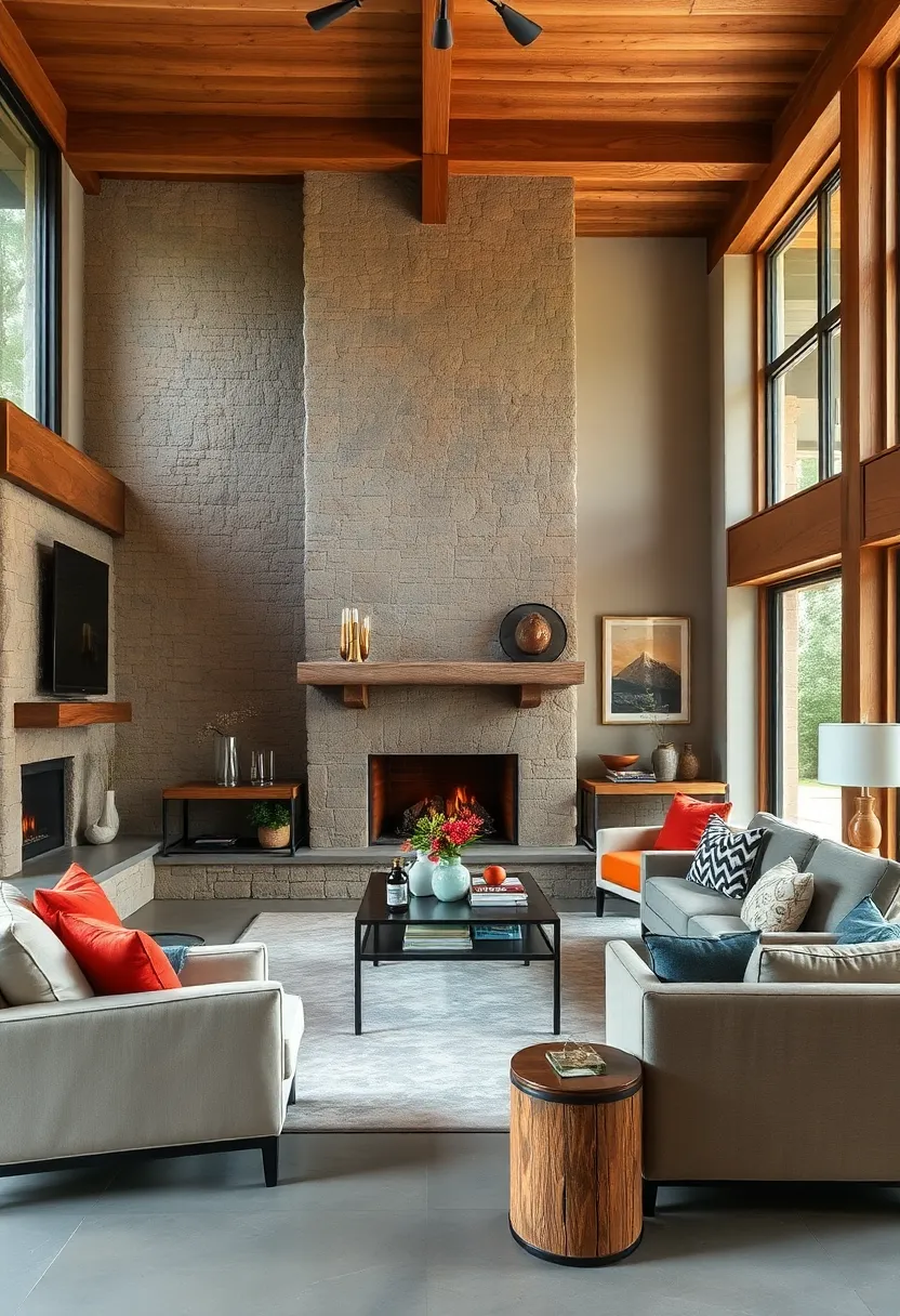 Balance rough-hewn​ stone fireplaces ⁢with streamlined, contemporary furniture pieces