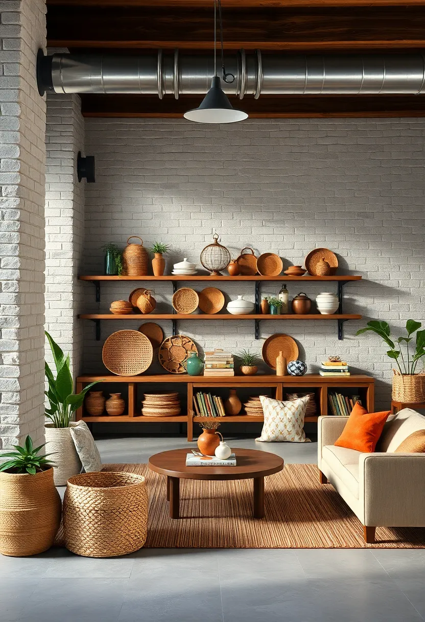 Incorporate industrial pipe shelving alongside woven baskets for a mix of rugged and soft textures