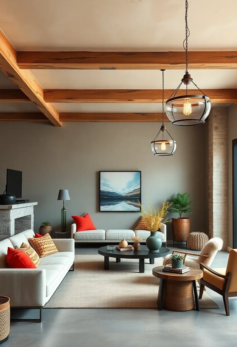 Hang statement pendant ⁤lights ⁤in⁣ a room with distressed wooden beams for ⁤a striking juxtaposition