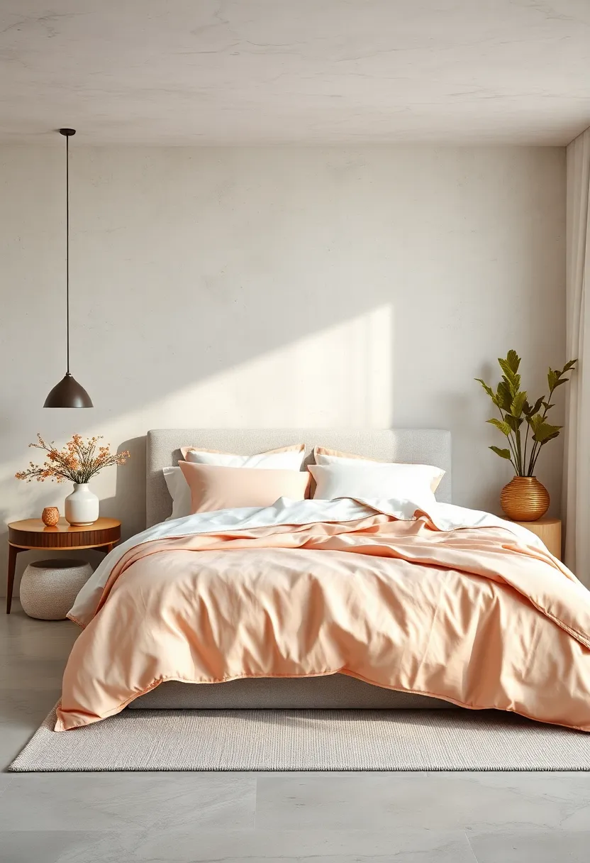 Mix pastel peach and white linens⁢ layered for a breezy, inviting bed