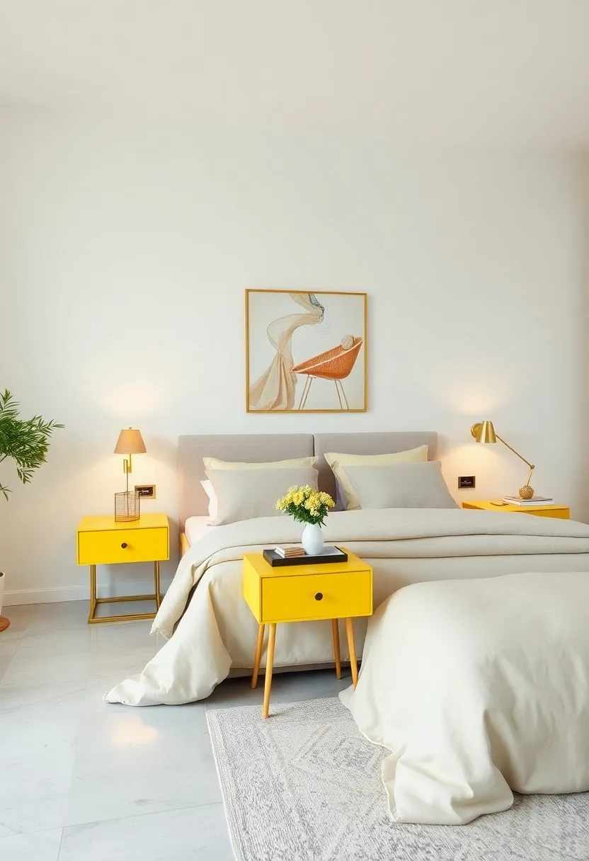 Use pastel yellow bedside tables ​to add subtle brightness without clutter