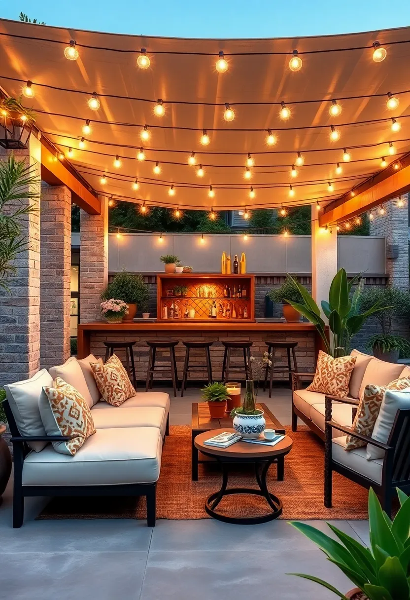 Bar with String Light Canopy creating a Cozy Ambiance