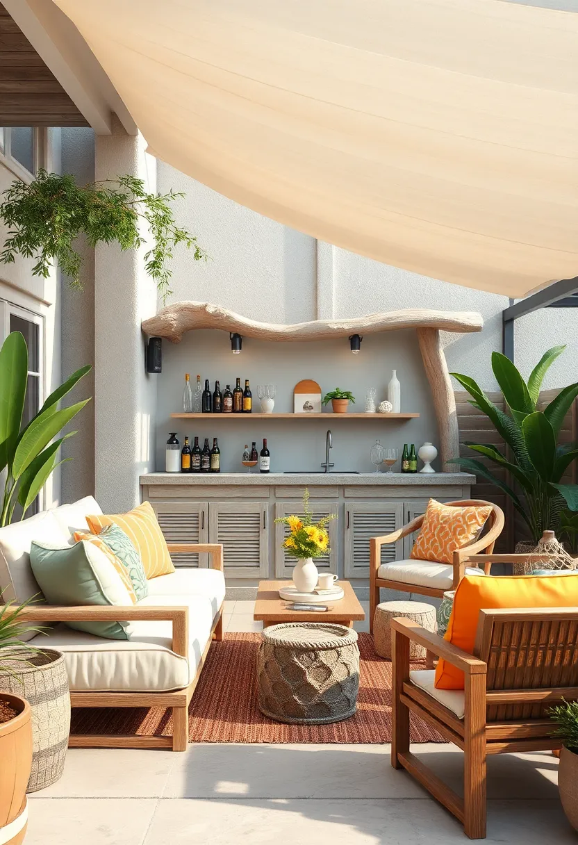 Beach-inspired Driftwood bar with Nautical decor Elements