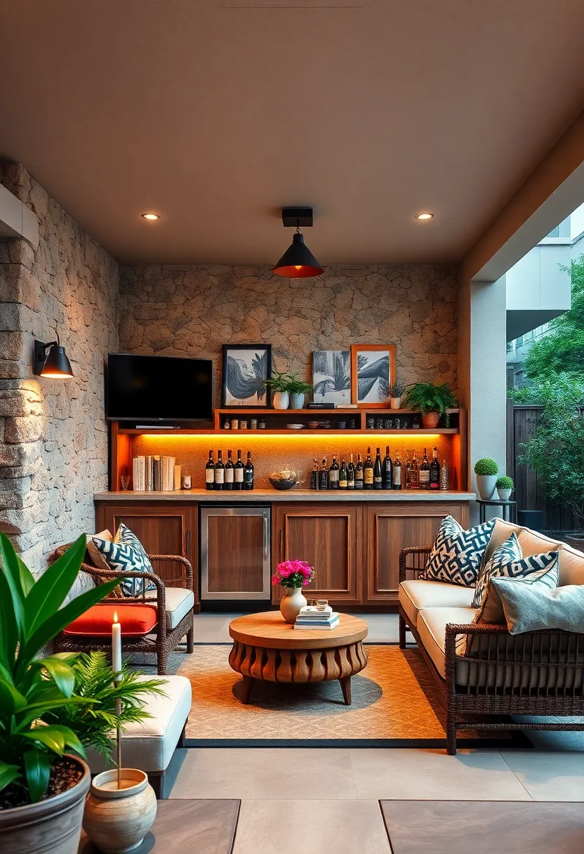 Classic Wooden Bar with Built-in Shelving for a Timeless Outdoor Look