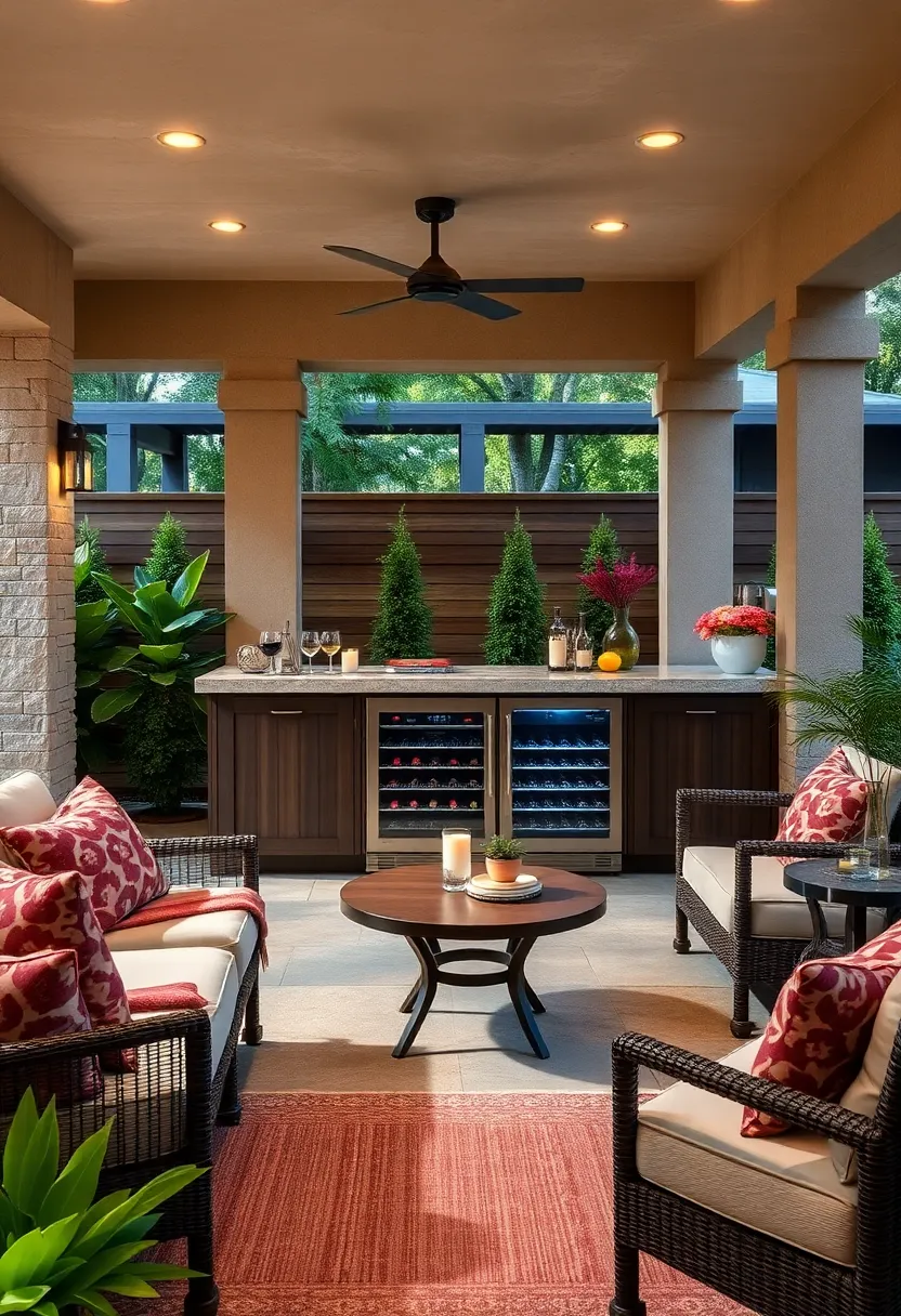 Elegant Patio Bar Featuring​ Dark Walnut Finish and Dual Temperature ‍Wine Cooler