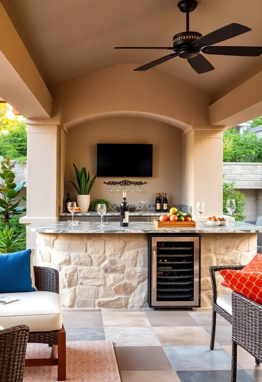 Classic Whitewashed Bar with Wine Cooler and Built-In Herb ​Garden Planters