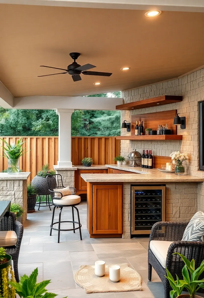 Rustic Wooden ​Outdoor Bar Featuring a Built-In Wine Cooler and Stone Countertop
