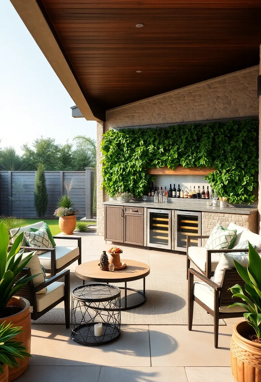 Outdoor ​Bar with ​Built-In Wine Cooler ‍and Vertical Herb Garden Wall Behind