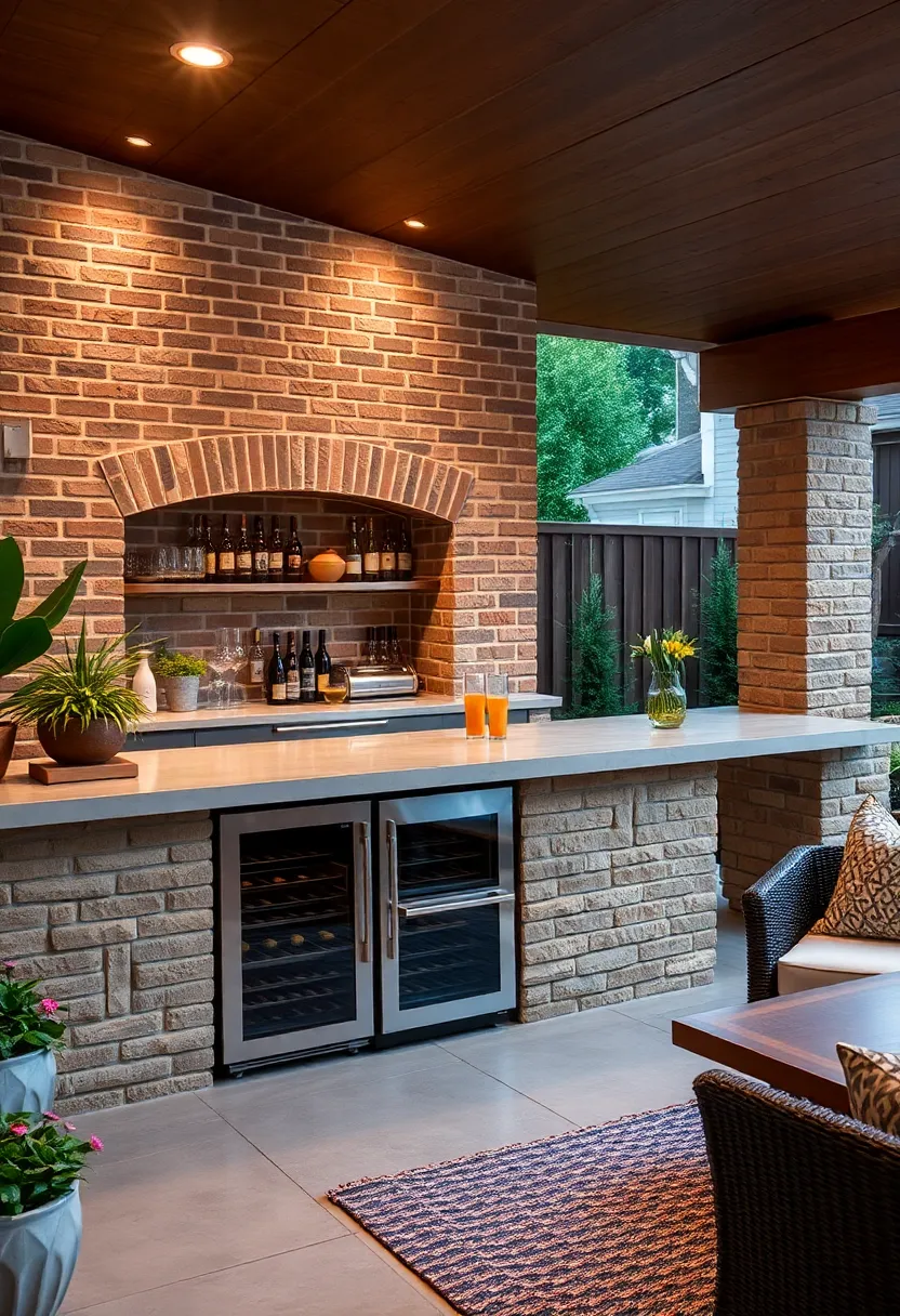 Classic Brick Patio ‍Bar with Embedded Wine Cooler and Polished Concrete Counter