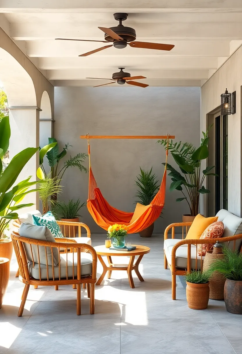Bamboo-framed armchairs with a bright hammock ⁢and a two-seater garden swing, mixing natural textures and joyful colors