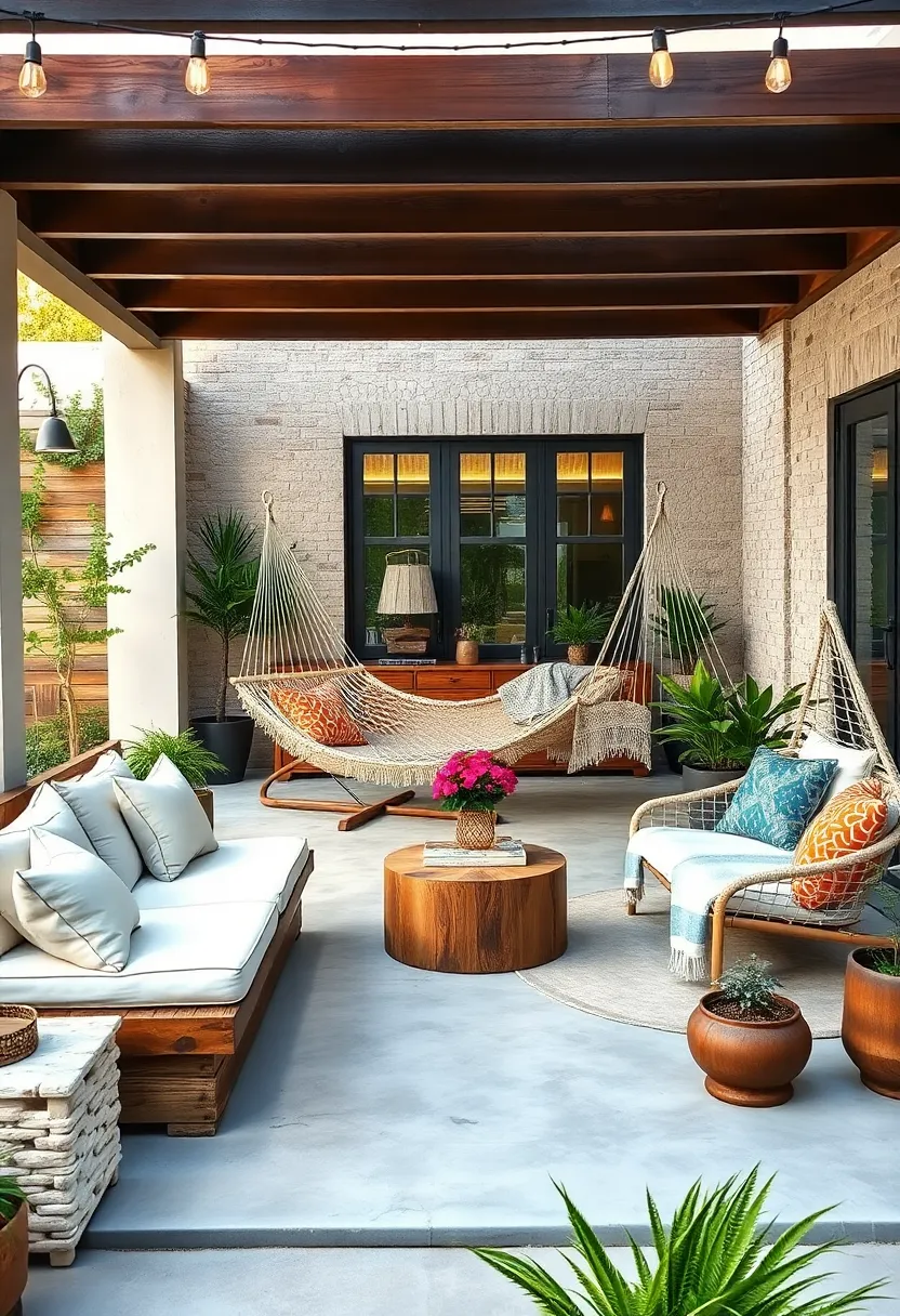 A blend of rustic and modern with reclaimed wood benches, a‍ canvas hammock, and a rope swing chair creating a perfect laid-back atmosphere