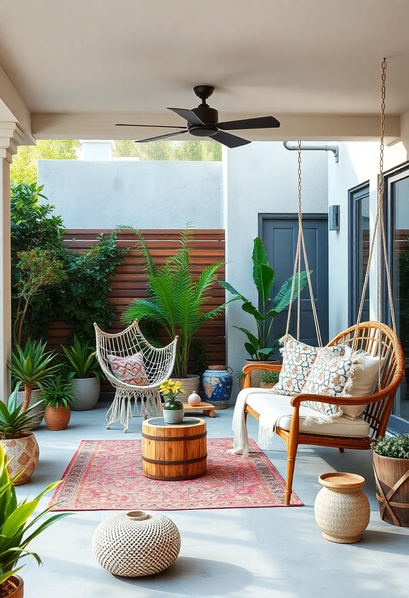 A boho-chic patio arrangement with‍ macrame hammocks and a vintage-inspired wooden swing adorned with soft pillows