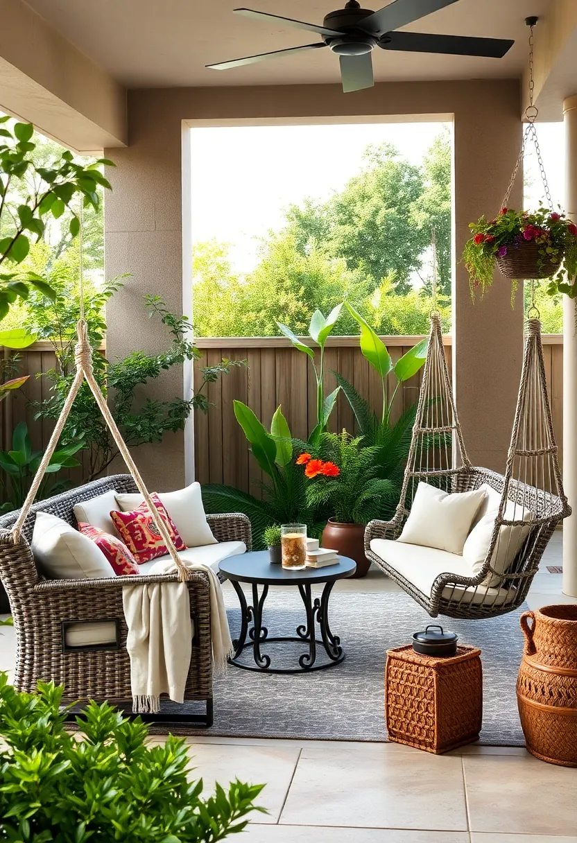 Classic wicker loveseat with a floating rope hammock and a plush hammock swing,ideal ‍for a serene backyard​ retreat