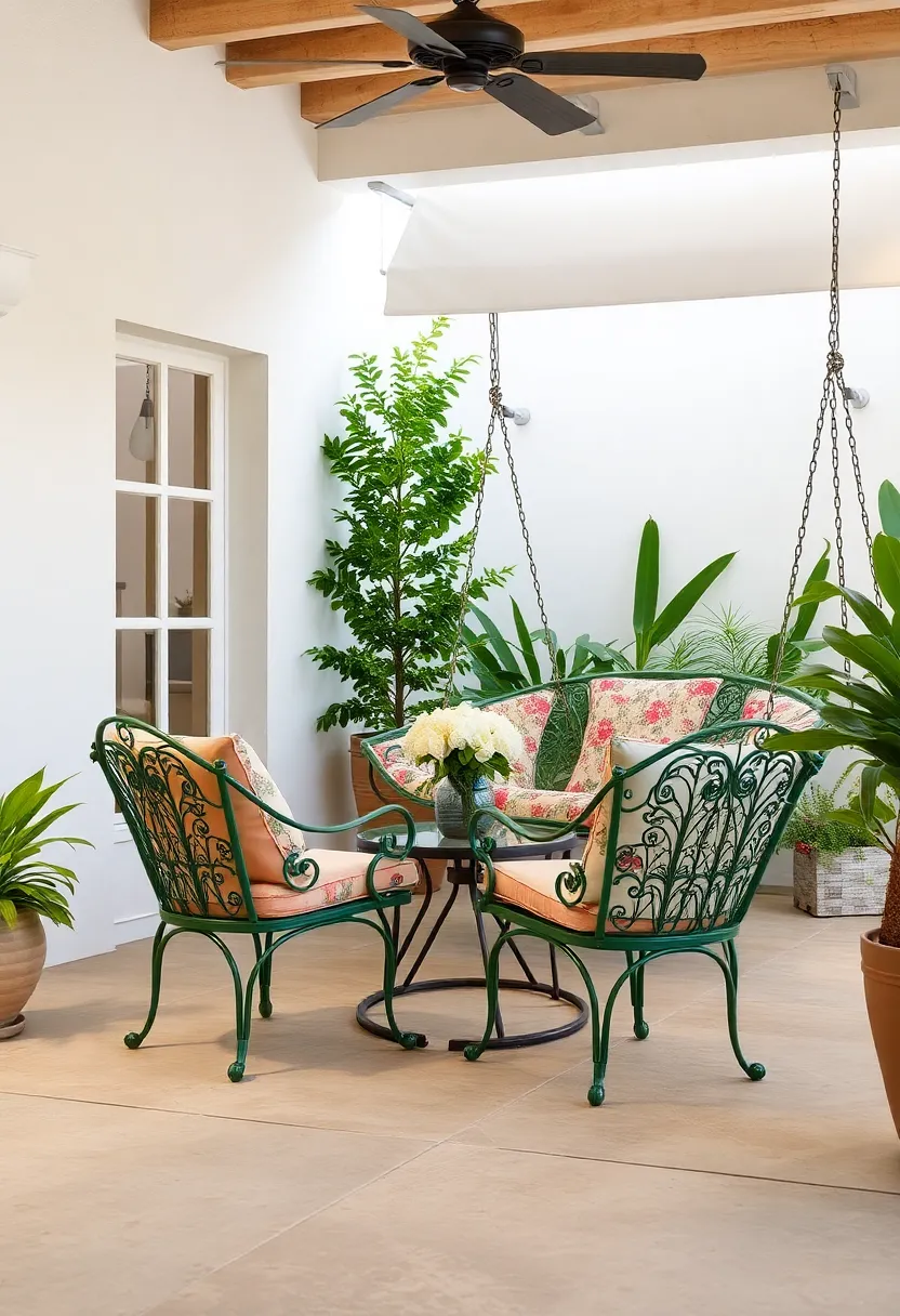 Classic garden green-painted metal chairs paired with a floral ​hammock and an ornate wrought-iron swing for timeless elegance