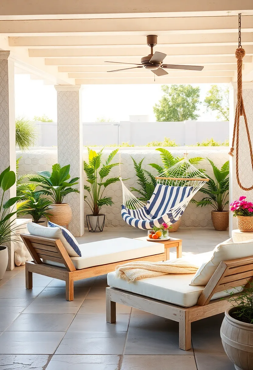 Coastal-style patio set featuring whitewashed loungers, a ⁣nautical striped hammock, and a rope swing for seaside relaxation