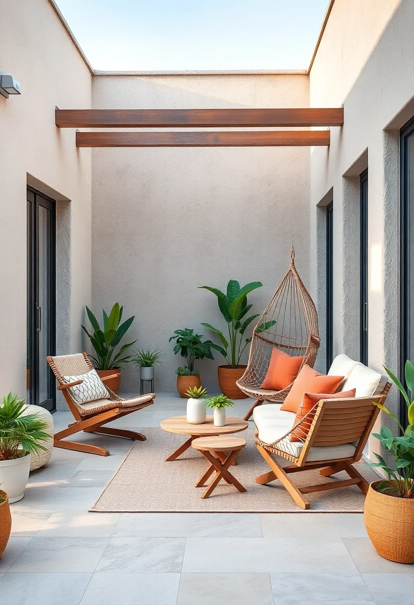 Compact balcony⁤ set featuring foldable wooden chairs, a small ‌hammock, and a swing chair designed for limited spaces