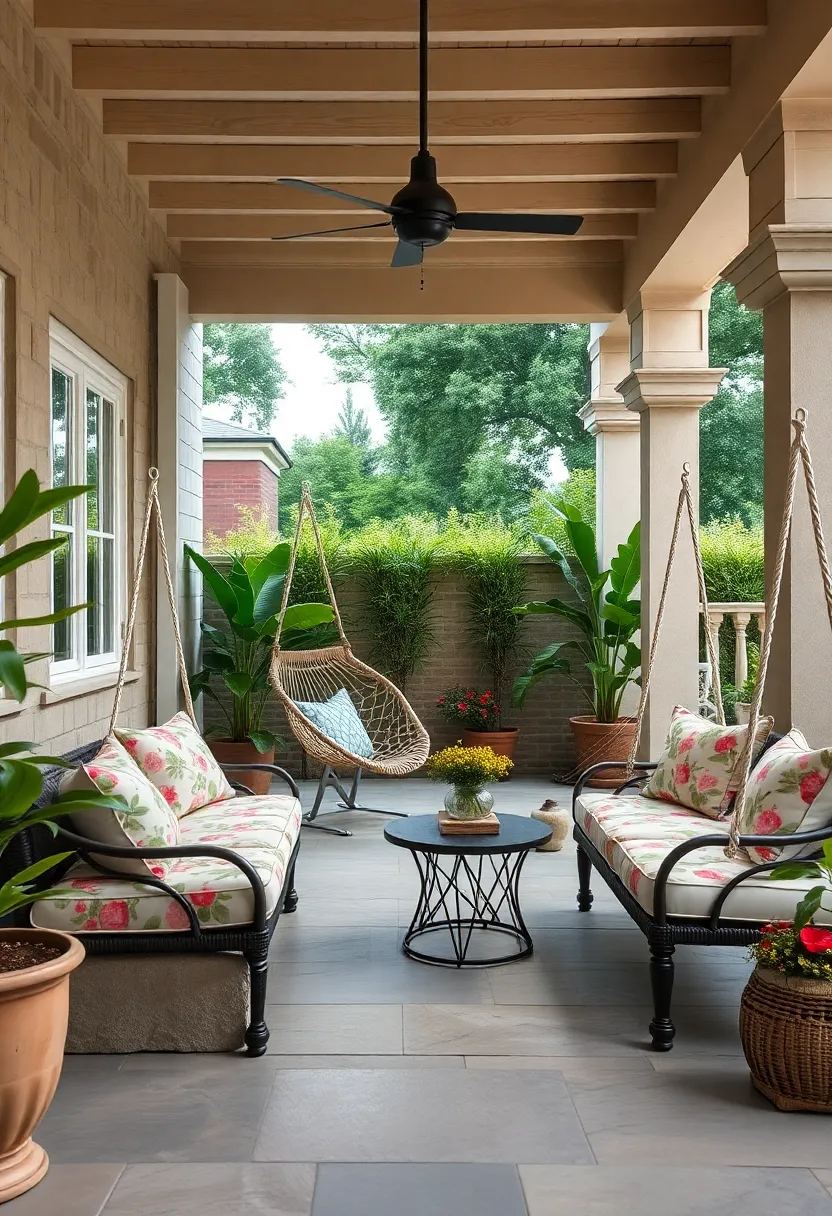 Garden-inspired floral cushioned benches and ‌chairs, combined with a macrame hammock and a cozy quilted swing for a cottage feel