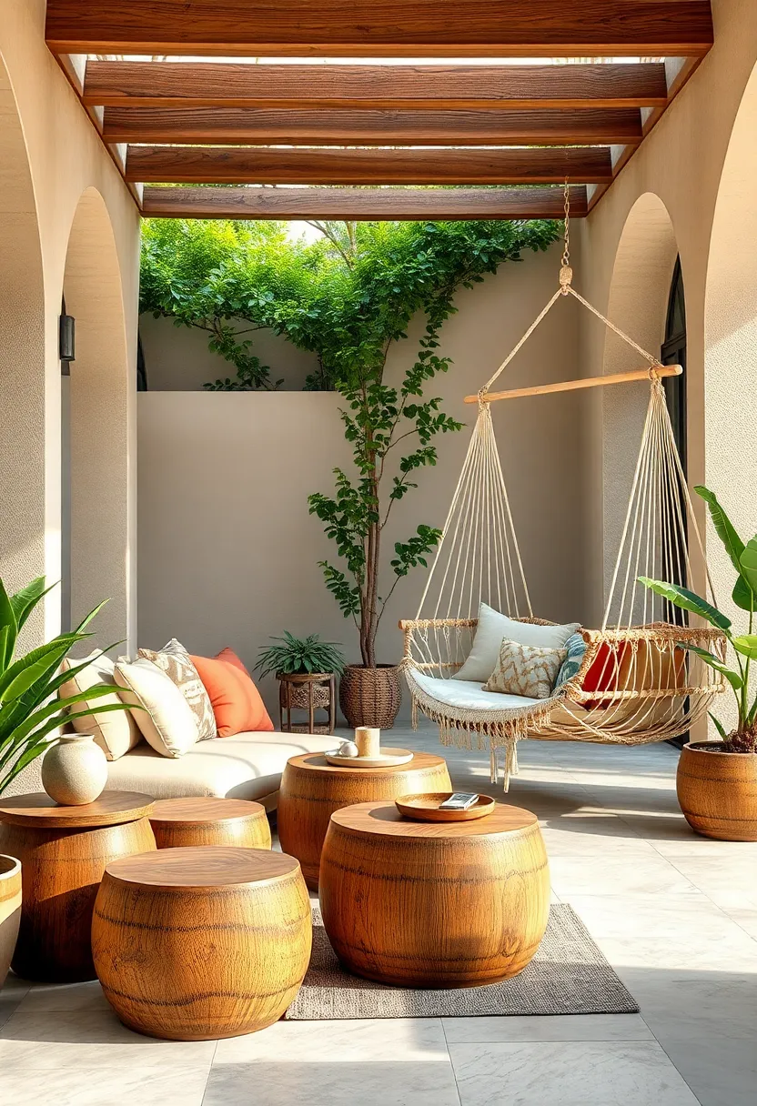 Handcrafted wooden stools and side tables ‌alongside⁤ a‍ cotton hammock and a hanging bench swing in earth tones