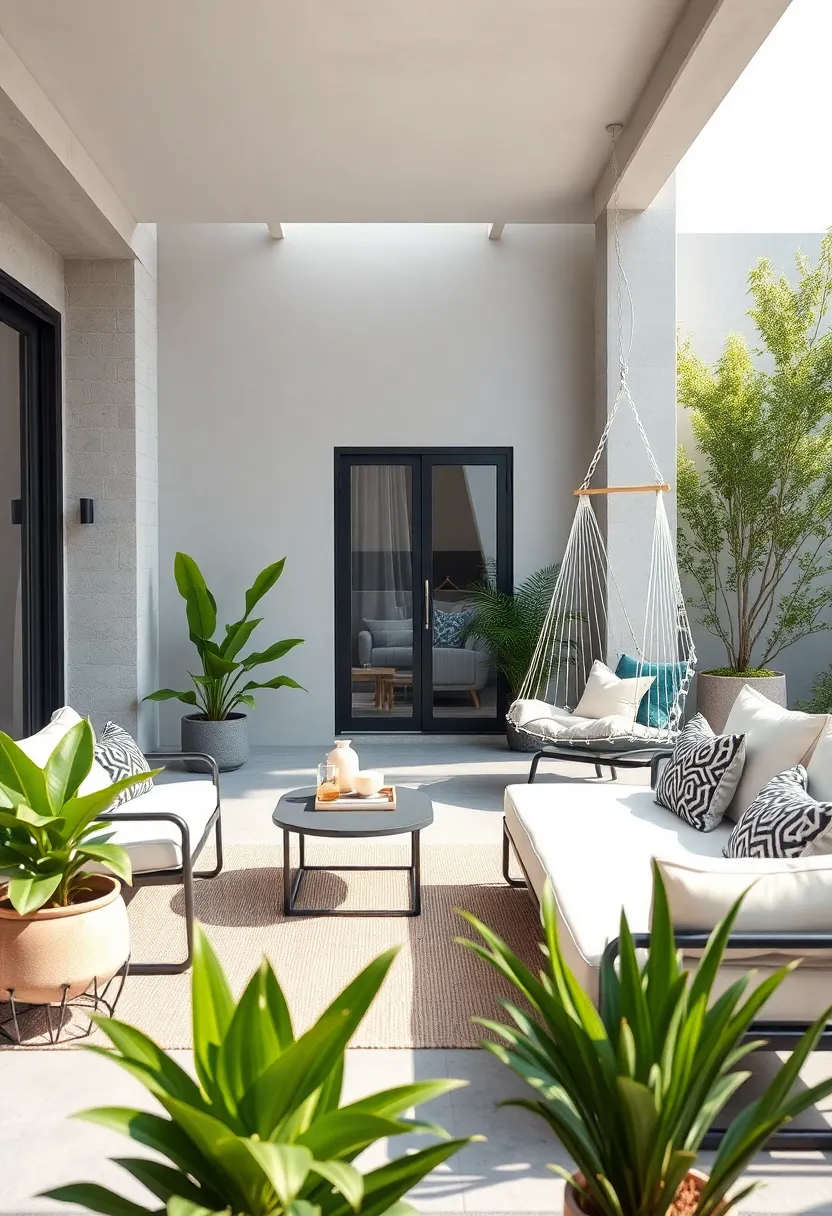 Minimalist steel furniture with a monochrome hammock and a sleek suspended lounger swing for a contemporary outdoor nest