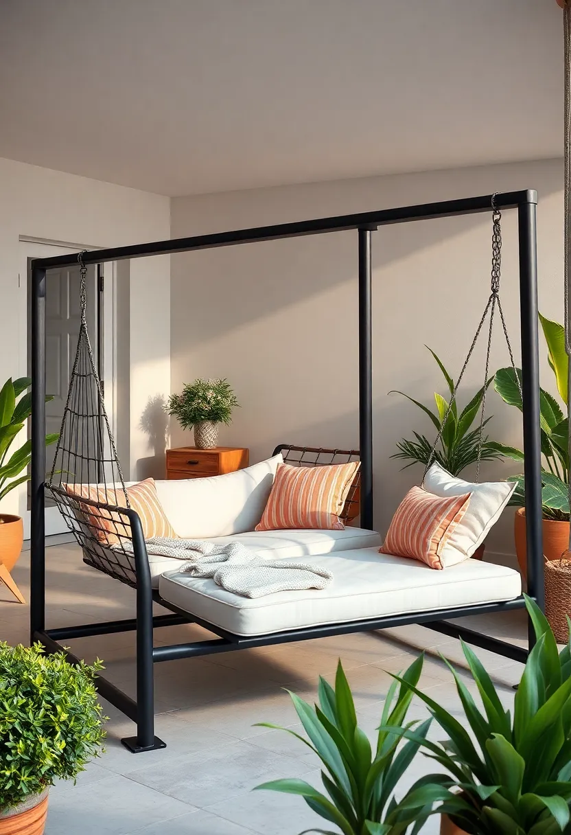 A modern metal frame⁢ set featuring a double hammock and a curved cushioned ⁢swing, blending sleek design with ultimate‍ coziness