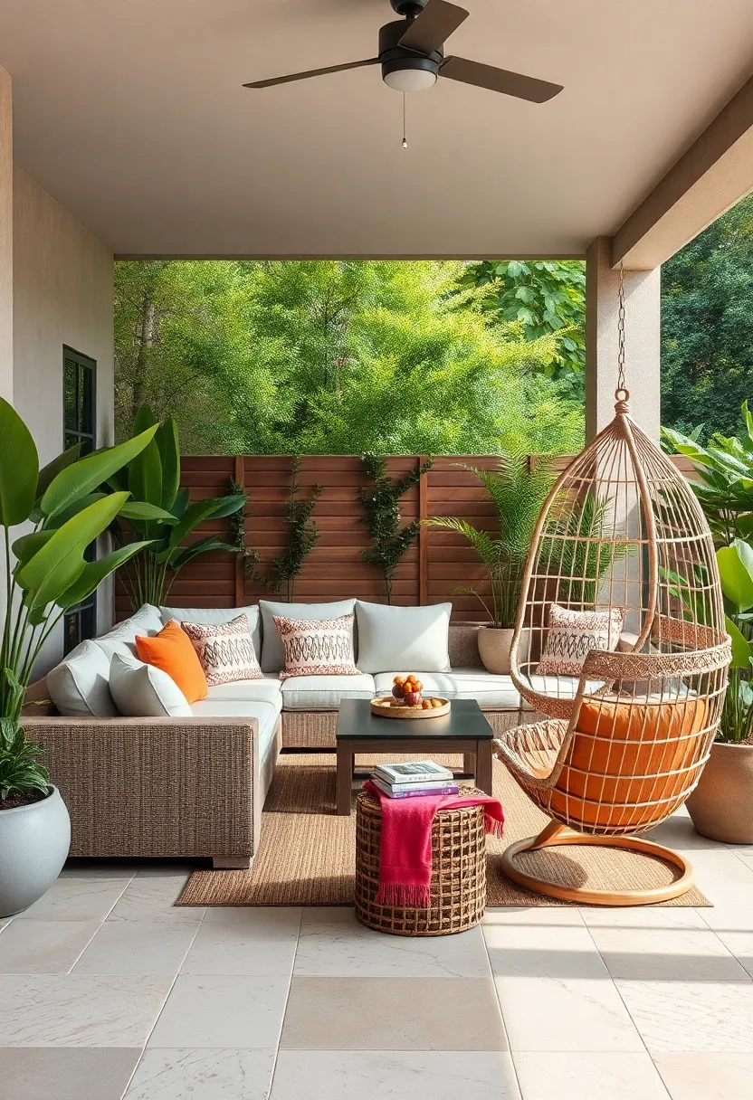 Outdoor sectional sofa complemented by a free-standing hammock and a hanging egg chair swing, creating a chic lounge⁢ area