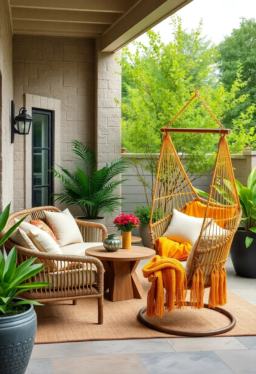 Plush⁣ outdoor cushions on rattan chairs paired with a bright hammock chair and a​ large freestanding swing for layered comfort