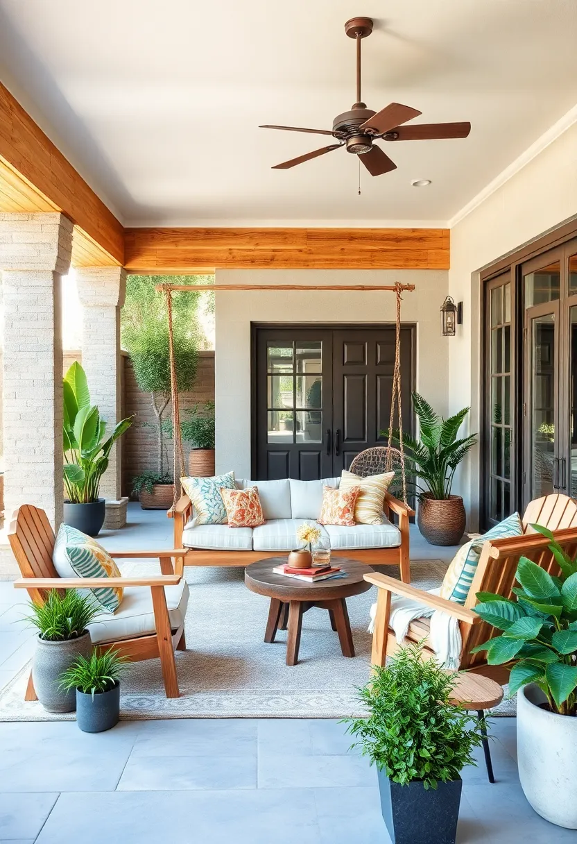 rustic pine furniture set including a hammock bed and a suspended Adirondack swing for a cabin-like outdoor vibe