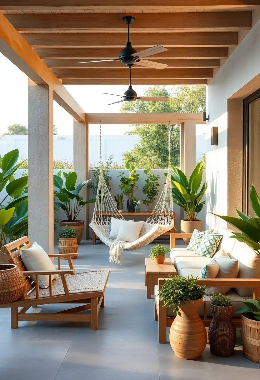 Scandinavian-inspired light wood furniture with a neutral-tone hammock and ‌a minimalist netted ‍swing for airy relaxation