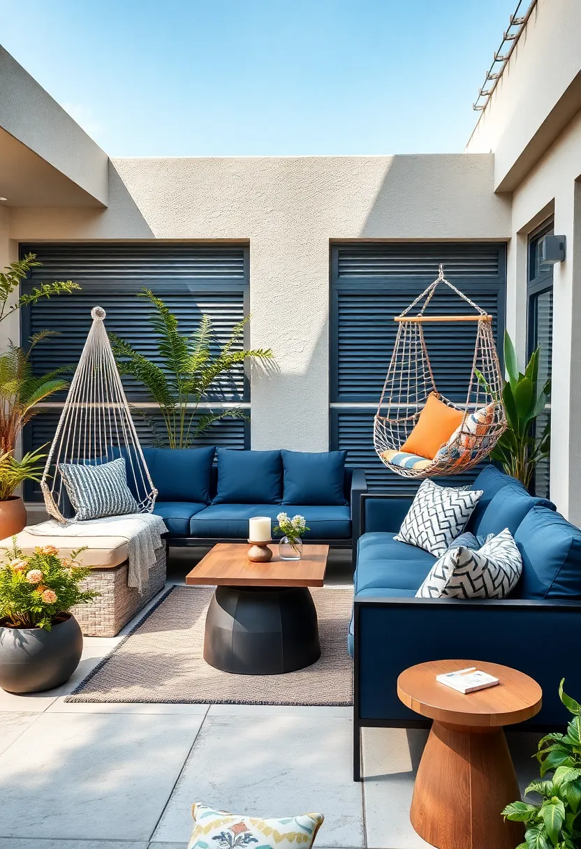 Sleek navy blue outdoor sofa⁣ paired with a matching⁢ hammock and a geometric metal swing‌ for urban patio style
