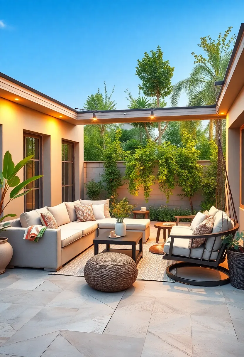 Spacious L-shaped outdoor sofa combined with a hammock hammock and a ⁤large cushioned swing for entertaining and unwinding