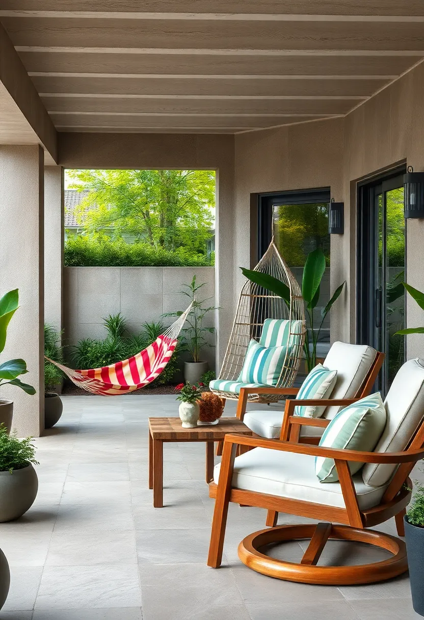 Teak⁣ wood lounge chairs paired with a colorful striped fabric hammock and a compact swivel swing for versatile comfort