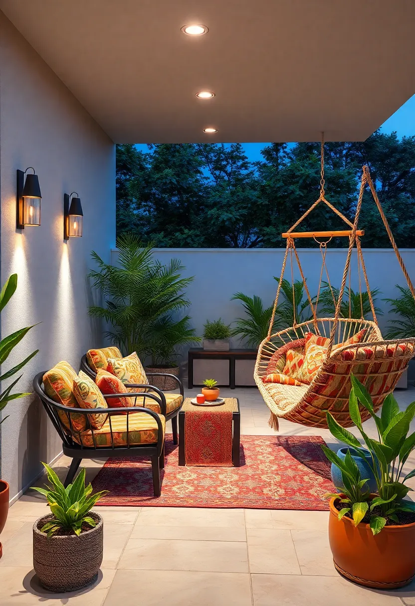 Vibrantly patterned cushioned chairs alongside‌ a kilim fabric hammock and a rattan swing chair, bringing global flair‍ to patio comfort