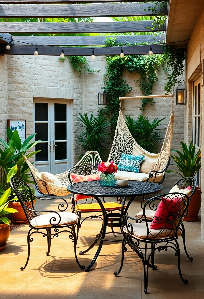 Vintage-inspired wrought iron bistro ⁣table with matching chairs, paired with a bright hammock‍ and ‌a ⁢delicate swing bench
