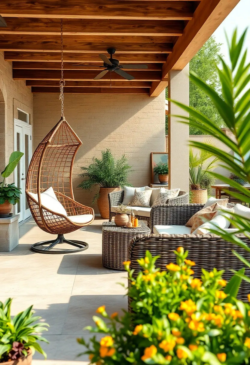 A woven rattan patio set with​ a ‌matching hammock chair⁤ and a cushioned swing ⁢bench, perfect for lazy afternoons