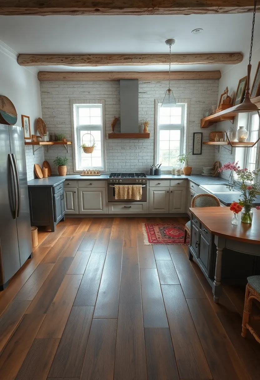 Aerial View of a Cozy Country Kitchen ⁢Featuring Wide Plank Rustic Flooring and vintage Accents