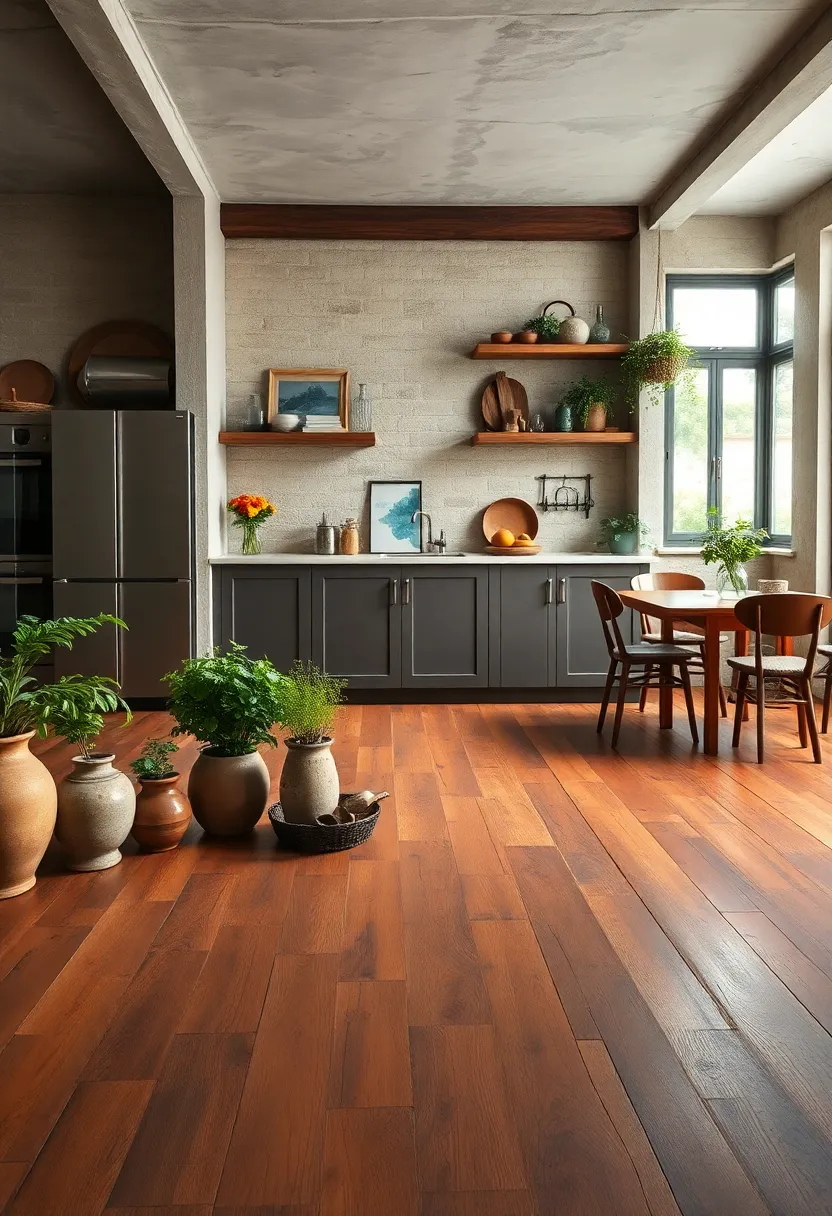 Aged ⁣Redwood Flooring Anchoring a Rustic Kitchen​ Filled with Pots of Fresh Herbs and⁢ Handmade⁤ Ceramics