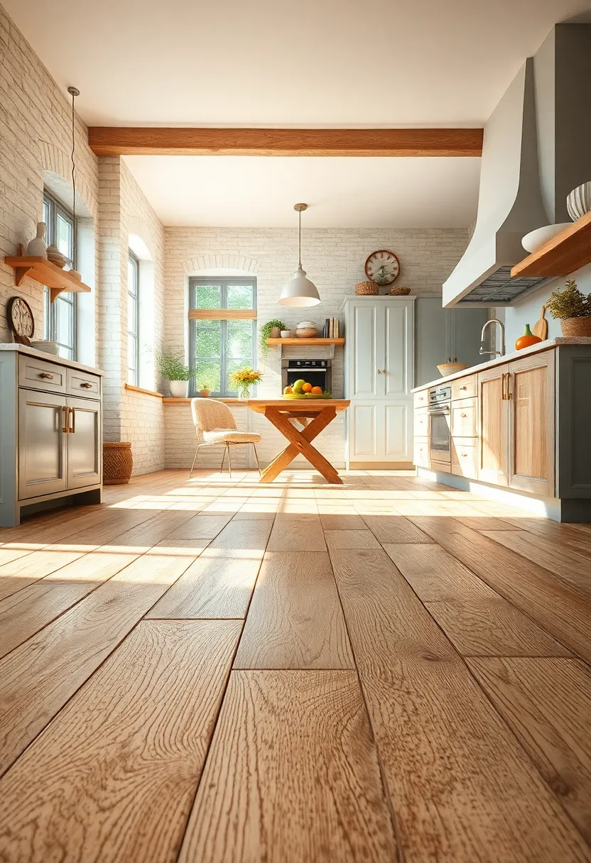 Close-Up of Weathered ​Oak Floorboards with Natural Knots and Scratches in​ a Sunlit Kitchen